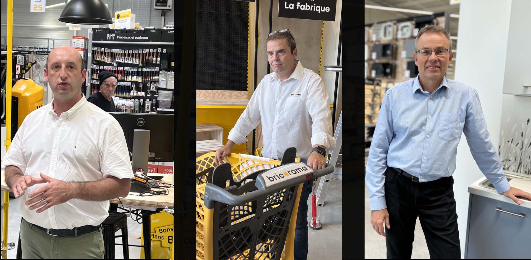 De g à d. : Thierry Duquesnes, adhérent Bricomarché  et responsable à la centrale  des projets "grands formats",  Philippe AUpetit, directeur du magasin de La Chapelle Saint Luc, Marc Carlier, responsable des projets NEC, nouvelle expérience client, ITM